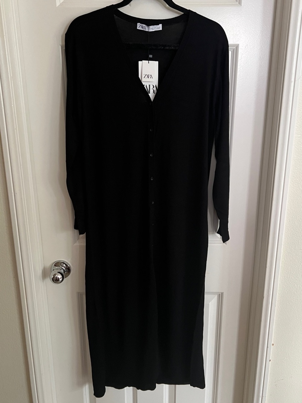 Zara Black Long Sleeve Button-Front Midi Dress